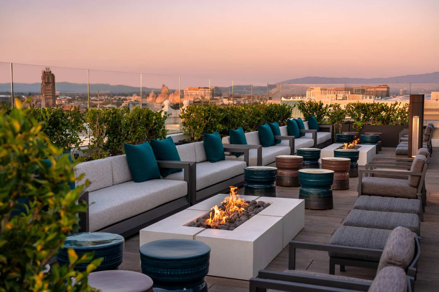 fire pits and seating on a rooftop