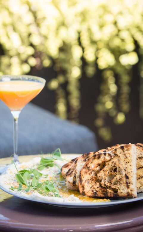 a grilled chicken chicken dish and a cocktail in a martini glass